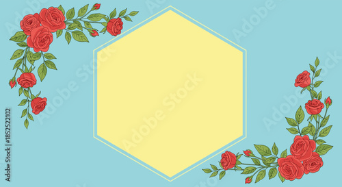 Vintage style hexagonal frame in yellow decorated with beautiful red roses and green leaves on a light blue background.