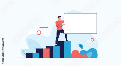 Businessman standing on top of a rising bar chart holding a blank white board representing career growth and success.