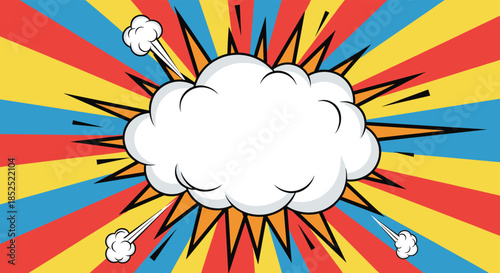 Blank pop art cloud explosion with smoke trails on a vibrant background of red yellow and blue radial stripes.
