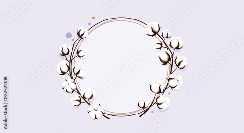 Elegant and gentle circular frame made from delicate cotton flower branches on a soft lavender or light purple background.