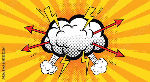 Intense pop art cloud explosion with red arrows lightning bolts and smoke on a dynamic yellow radial burst background.