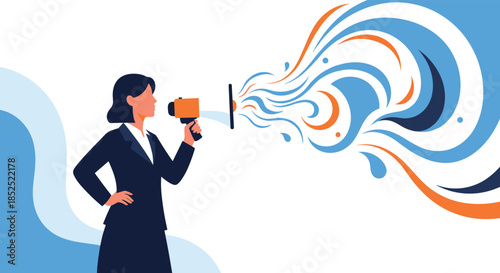 Businesswoman in a suit making an announcement with a megaphone that is emitting colorful abstract liquid waves.
