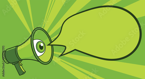 Unique green megaphone with a large eye shouting a message into a blank speech bubble on a retro green sunburst background.