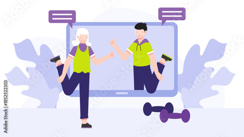 Online Fitness Trainer Leading a Senior Exercise Class. Flat Vector Illustration