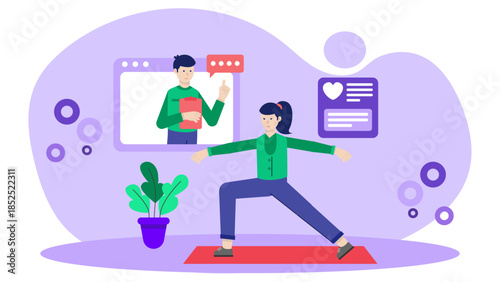 Online Fitness Trainer Leading a Senior Exercise Class. Flat Vector Illustration