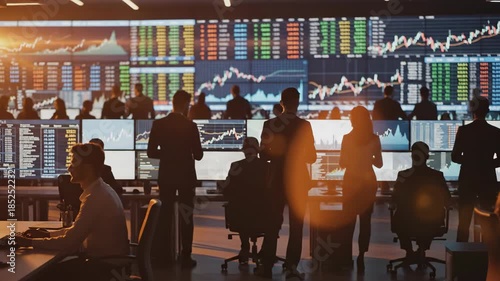 Busy financial traders work in dark stock market office trading room