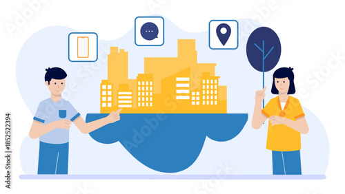 Smart City Monitoring Air Quality with Sensors. Flat Vector Illustration