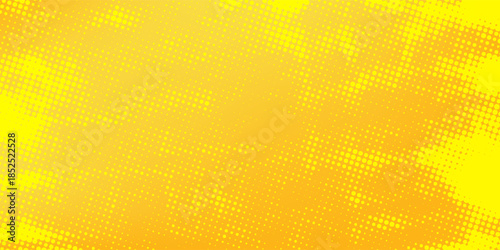 Yellow halftone pattern. Retro comic gradient background. Bright orange pixelated dotted texture overlay. Cartoon pop art faded gradient pattern. Vector backdrop for poster, banner, advertisement