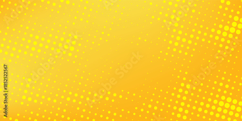 Yellow halftone pattern. Retro comic gradient background. Bright orange pixelated dotted texture overlay. Cartoon pop art faded gradient pattern. Vector backdrop for poster, eps10