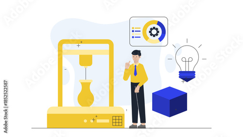 Co-working Space Offering 3D Printing Services. Flat Vector Illustration