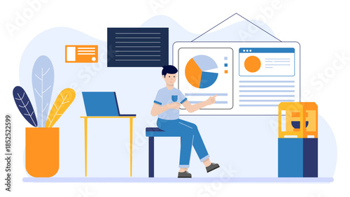 Co-working Space Offering 3D Printing Services. Flat Vector Illustration