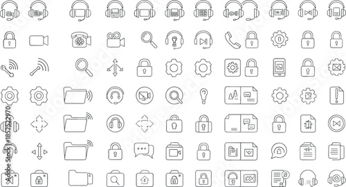 User interface and system control line icon set featuring audio devices, security, folders, search, settings and application symbols in clean outline vector style