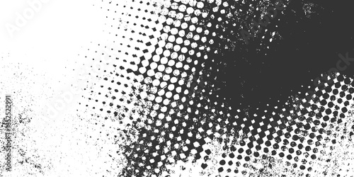 Black and white halftone dot pattern with grunge texture overlay abstract background