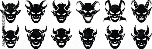 Demonic face silhouettes, horned devil icons, black vector illustration, evil expressions, gothic creature design, fantasy monster heads, isolated artwork, tattoo style