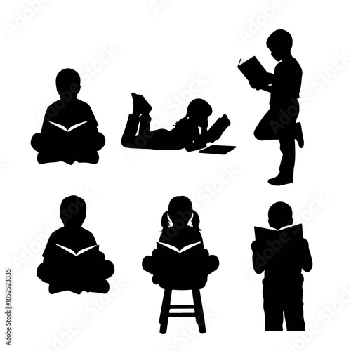 Silhouettes of children reading books in various poses.