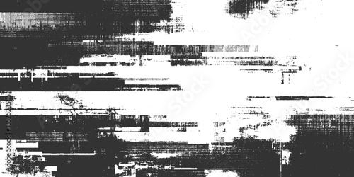 Black and white abstract glitch pattern with horizontal lines and pixelated blocks noise
