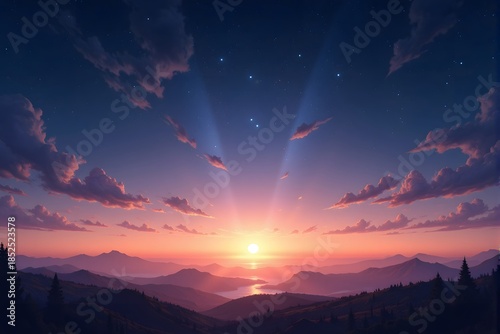 The sun rises over distant mountains, casting warm light across a tranquil valley under a starry sky.