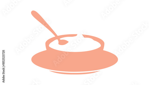 A colorful plate holding sour cream with a spoon in a vector format. Flat design aesthetic. Represents a fresh dairy product. Highlights natural and healthy nutrition. 