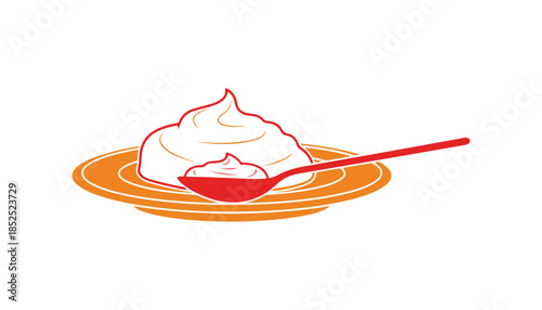 Vector art of sour cream in a bright plate with a spoon. Flat design. Fresh dairy product.