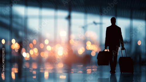 Business traveler silhouette against blurred airport terminal lights
