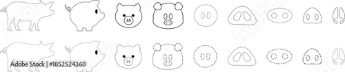 Pig Coloring Page Vector Bundle with Outline, Dotted and Dashed Cartoon Pig Elements