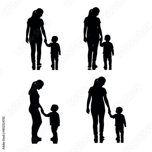 Silhouettes of mothers and children walking together holding hands.