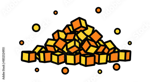 Vibrant pile of tea granules with orange and yellow geometric cubes isolated on a white background with scattered dots