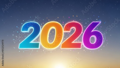 Wallpaper Mural Bright 2026 numbers with vibrant gradient colors and glowing outlines float against a gradient sky background with scattered confetti. Torontodigital.ca
