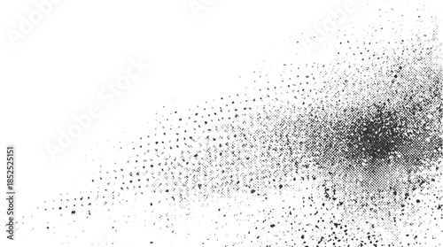 Black ink splatter and halftone dots on white background abstract texture