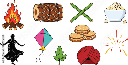 Flat 2D Lohri Icon Set Bonfire Dhol Sugarcane Popcorn Sweets Kite Turban Mustard Vector Illustration