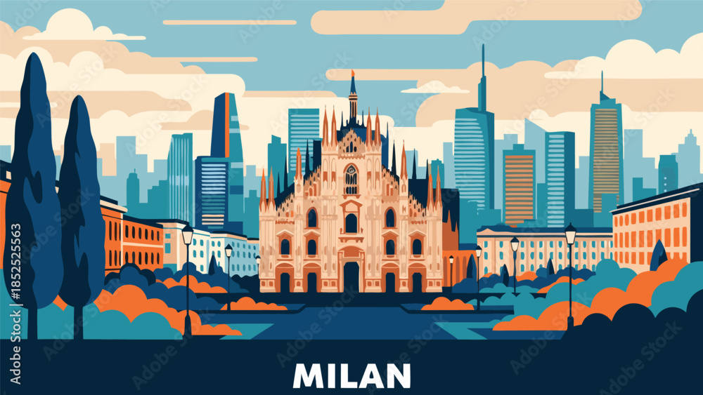 Obraz premium Milan Skyline Illustration Featuring the Duomo Cathedral and Modern Architecture