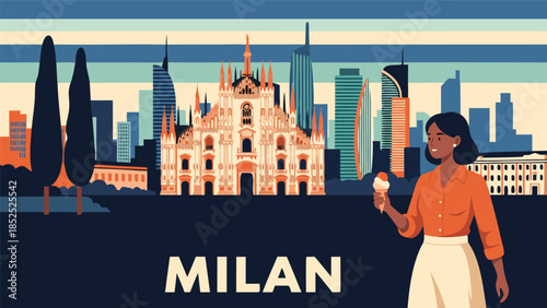 Vector illustration of a woman enjoying an ice cream with the iconic Milan skyline in the background