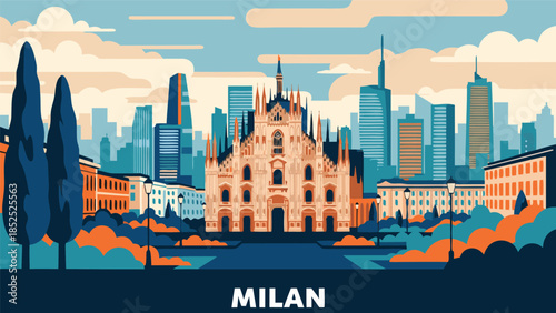 Milan Skyline Illustration Featuring the Duomo Cathedral and Modern Architecture