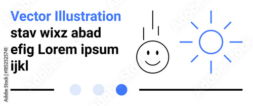 happy face with dynamic motion lines, radiant sun, placeholder text, progress indicators, and lines. Ideal for positivity, creativity, optimism, education motivation minimalism simple landing page