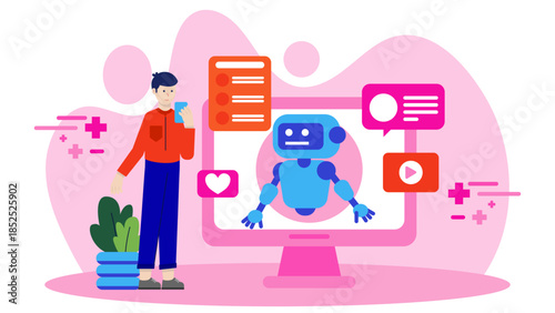 AI Moderating Online Community Content. Flat Vector Illustration