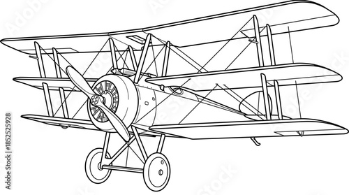 Line drawing of a vintage biplane with a single propeller and wheels on a white background.