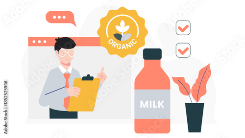 Remote Inspector Verifying Organic Certification. Flat Vector Illustration