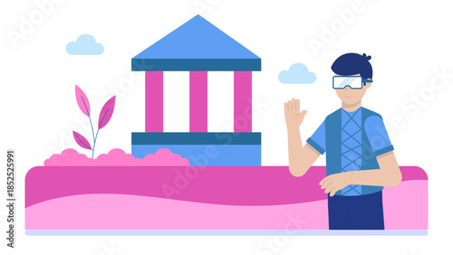 Virtual Reality Reconstruction of Ancient Cities. Flat Vector Illustration