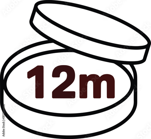Open Jar Vector Icon with "12m" PAO Label for Cosmetic Shelf Life, Product Safety, and Personal Care Packaging Design Use.