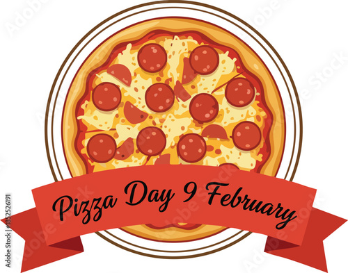 PrintPizza day 9 february celebration graphic with pepperoni pizza illustration and red banner