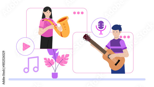 Virtual Orchestra Performing a Synchronized Concert. Flat Vector Illustration