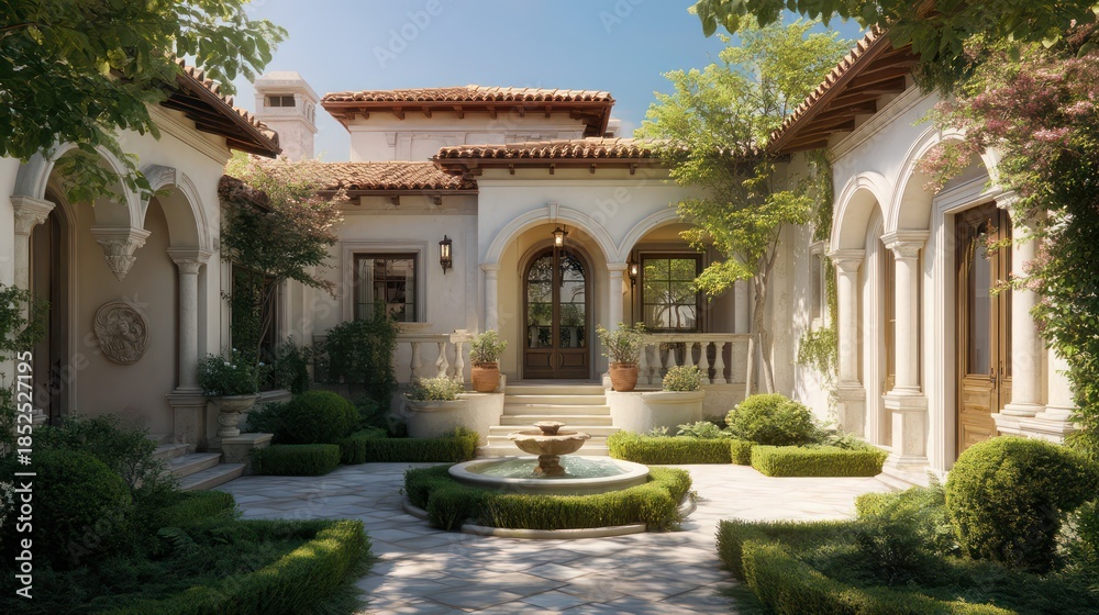 Fototapeta premium A Mediterranean villa exterior with stucco walls arched doorways and terracotta roofs symmetrical courtyard with trimmed hedges and