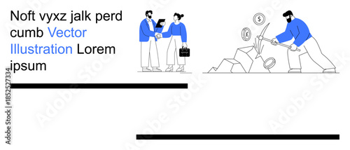 Business negotiation, teamwork, financial management, economic growth, collaboration, problem-solving. Two figures shaking hands, another breaking obstacles for coins. Business negotiation