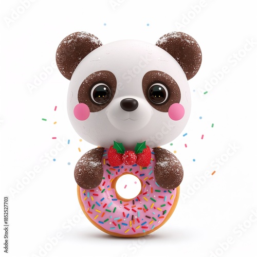 Adorable panda-shaped chocolate donut with sprinkles and strawberry garnish.