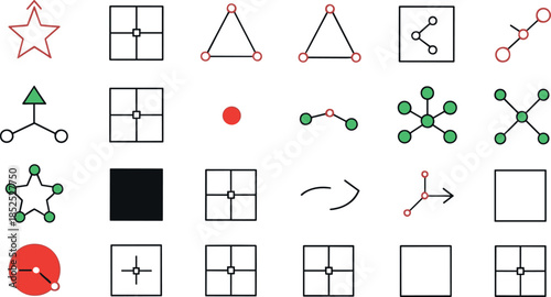 Abstract Molecule and Network Structure Line Icons Set Featuring Nodes, Geometry, Connections, Diagrams, Systems, Logic and Scientific Visualization Symbols