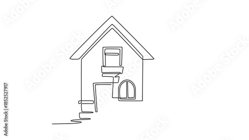 front view of a house with nature elements. Cute House and Building concept. Single line draw design. Full length animation illustration. High quality 4k footage