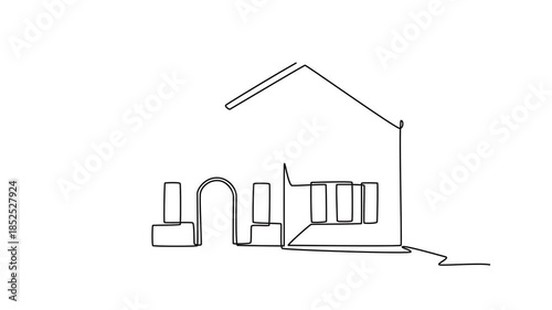Modern simple suburban house exterior. Cute House and Building concept. Single line draw design. Full length animation illustration. High quality 4k footage