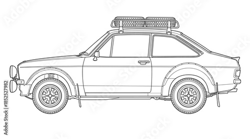 Line drawing of a vintage car with a roof rack against a clean white background.