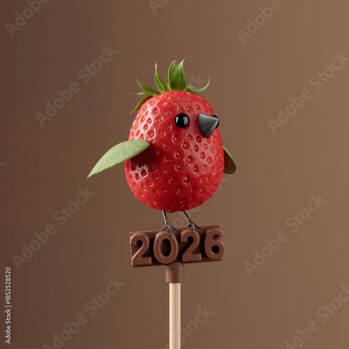 Bird shaped strawberry fruit art with 2026 sign on chocolate stick.