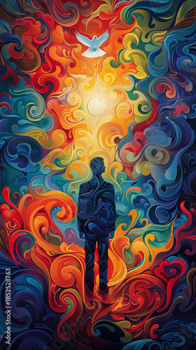 Abstract Silhouette of a Man Standing Under Glowing Light with Vibrant Swirling Colors and a White Dove